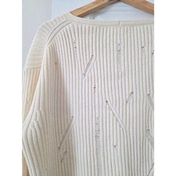 HELMUT LANG V-Neck Drop-Needle Wool Sweater Cream Distressed L - Picture 8 of 10